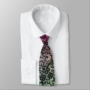 Elegant Black Lace On Gradient Pink and Green Tie