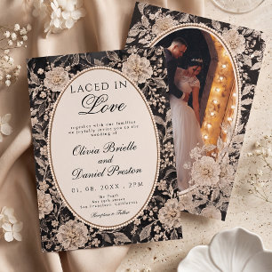 Elegant Black Lace Pearl Floral Photo Wedding Invitation
