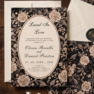 Elegant Black Lace Pearl Vintage Floral Wedding Invitation