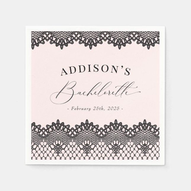Elegant Black Lace Pink Bachelorette Party Napkin (Front)