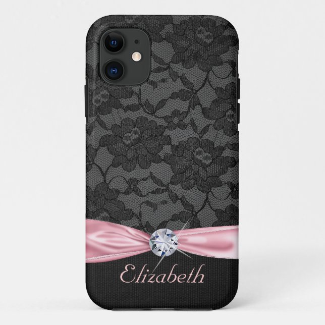 Elegant Black Lace Pink Satin Ribbon and Diamond Case-Mate iPhone Case (Back)