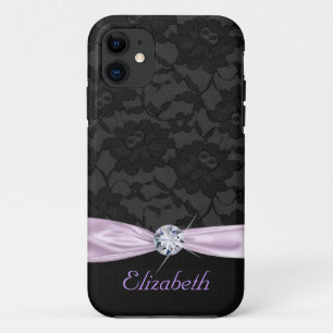 Elegant Black Lace Purple Satin Ribbon and Diamond iPhone 11 Case
