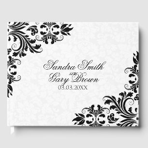 Elegant  Black Lace White Damask Guest Book