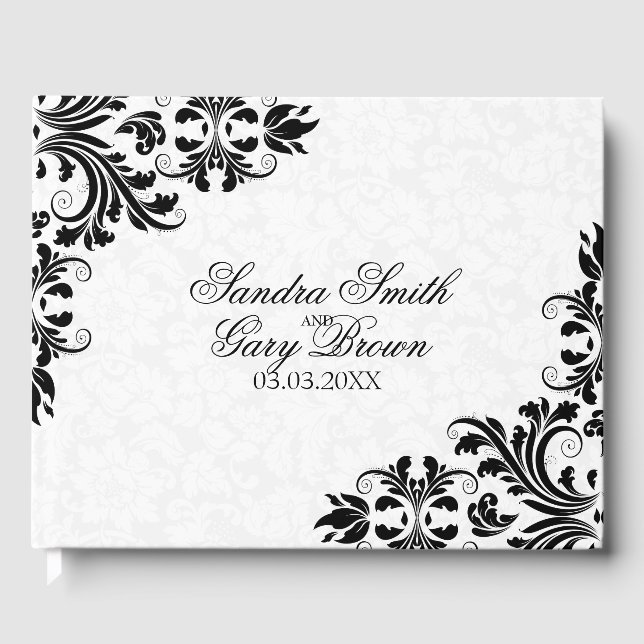 Elegant  Black Lace White Damask Guest Book (Front)
