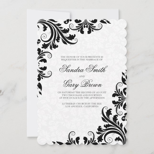 Elegant Black Lace White Damasks Wedding  Invitation (Front)