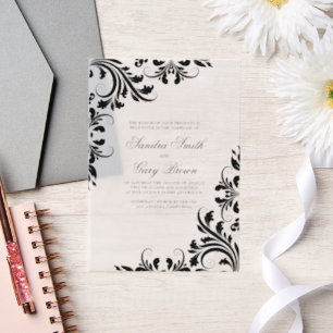 Elegant Black Lace White Damasks Wedding Vellum Invitations