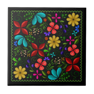 Elegant Black   Latin American Folk Floral Tile