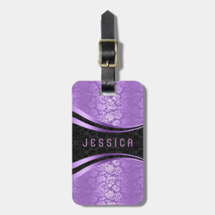 Elegant Black & Lavender Floral Damasks Pattern Luggage Tag