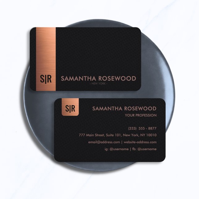 Elegant Black Leather & Brushed Copper Monogram   Business Card (Creator Uploaded)