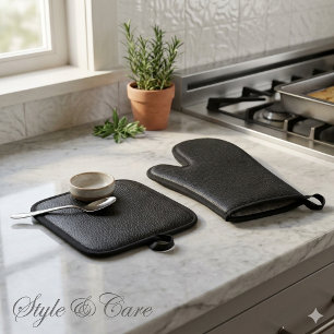 Elegant Black Leather Finish Texture Oven Mitt & Pot Holder Set