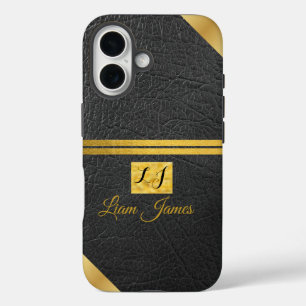 Elegant black leather gold monogram custom name iPhone 16 case