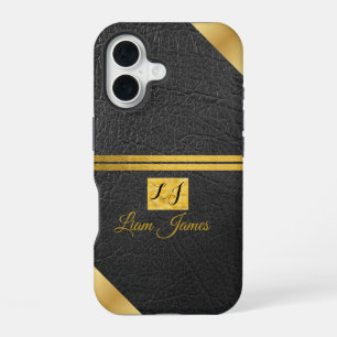 Elegant black leather gold monogram custom name iPhone 16 case