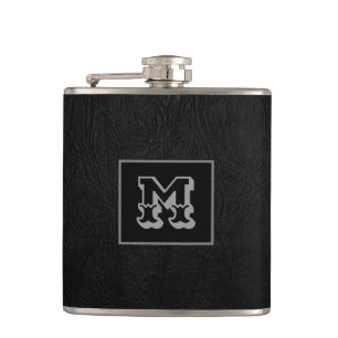 Elegant black leather look monogram hip flask
