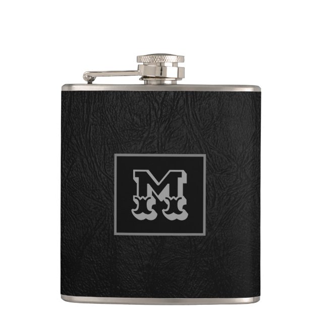 Elegant black leather look monogram hip flask (Front)