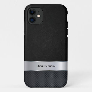 Elegant Black Leather Look with Silver Metal Label iPhone 11 Case