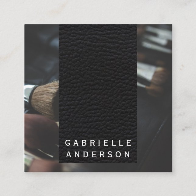Elegant Black Leather | Makeup Brushes Square Business Card (Front)