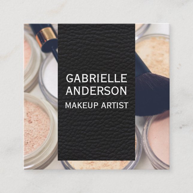 Elegant Black Leather | Makeup Palette and Brushes Square Business Card (Front)