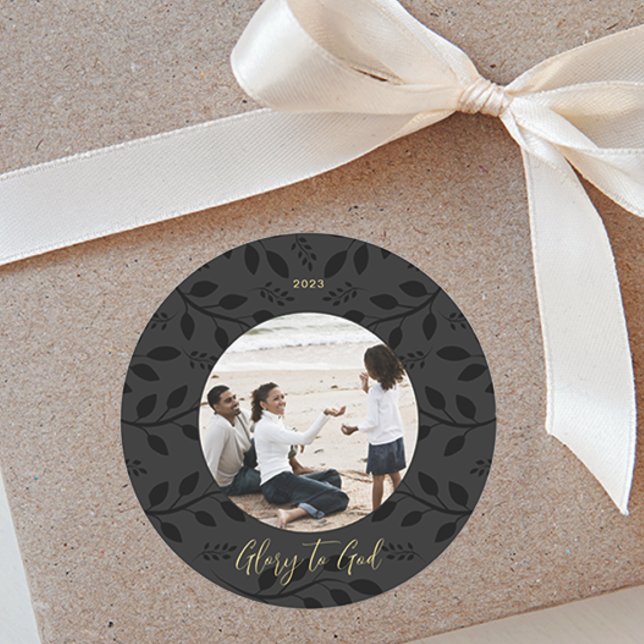 Elegant Black Leaves Glory to God Christmas Photo Classic Round Sticker (Creator Uploaded)