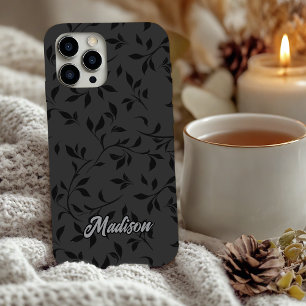 Elegant black leaves grey monogram  iPhone 16 case