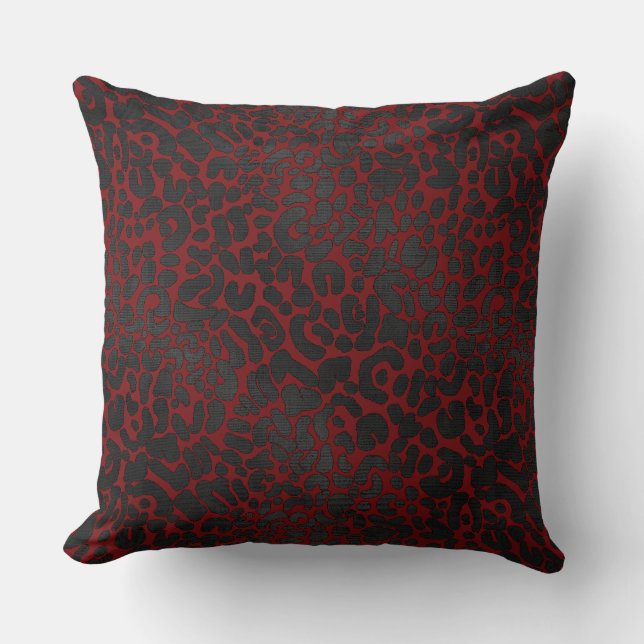 Elegant Black Leopard Animal Print on Dark Red Cushion (Front)