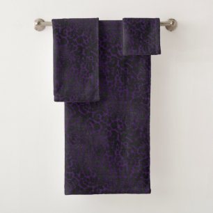 Elegant Black Leopard Animal Print on Purple Bath Towel Set
