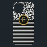 Elegant Black Leopard Monogram Laptop Sleeve iPhone 12 Pro Case<br><div class="desc">A black and white leopard pattern with a black and white striped and a gold and black elegant monogram decorates this iphone case. Personalise it for yourself or for a gift! Designed for you by Blackberry Boulevard.</div>