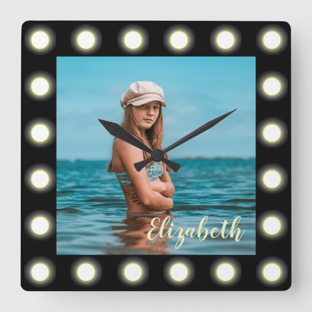 Elegant black lights bulbs photo frame with name  square wall clock (Front)