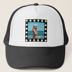 Elegant black lights bulbs photo frame with name  trucker hat