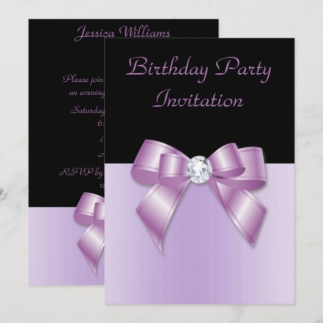 Elegant Black & Lilac Diamond Bow Birthday Invitation (Front/Back)