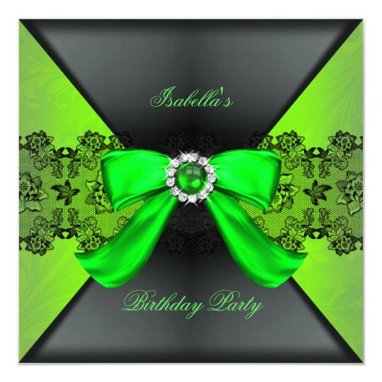 Elegant Black Lime Green Pearl Bow Birthday Party Card