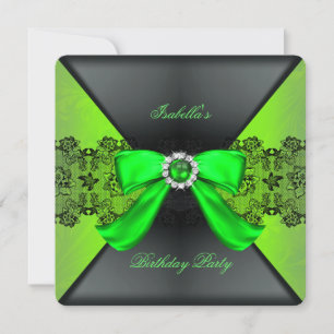 Elegant Black Lime Green Pearl Bow Birthday Party Invitation