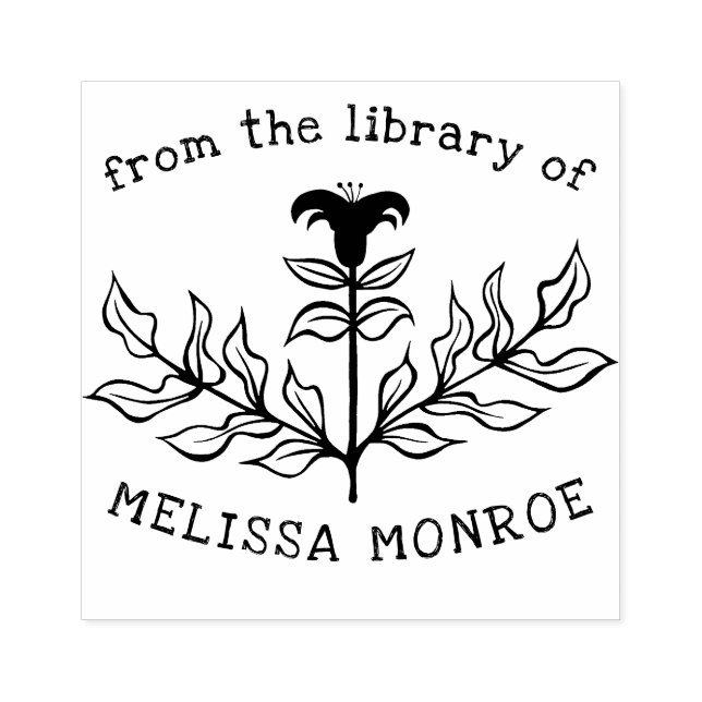 Elegant Black Line Art Lily Library of CUSTOM Rubber Stamp (Imprint)