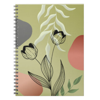Elegant Black Line Art Tulips on Green Gradient Notebook