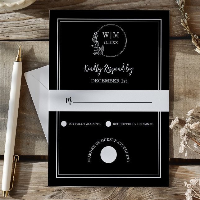 Elegant Black Line Drawing Monogram Wedding RSVP Card (Elegant Black Line Drawing Monogram Wedding RSVP Card)