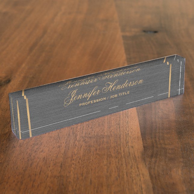 Elegant Black Linen Fabric Gold Frame Professional Nameplate (Side)