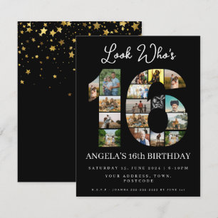 elegant black look who's 16 Photo Collage Invitation
