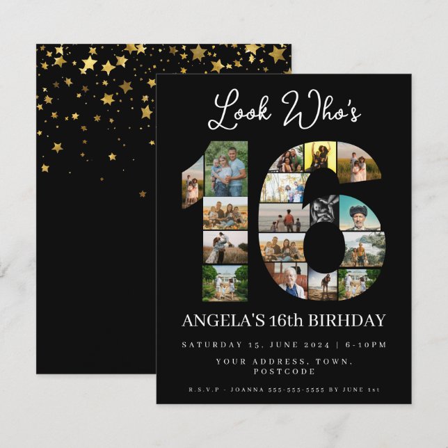 elegant black look who's 16 Photo Collage Invitation (Front/Back)