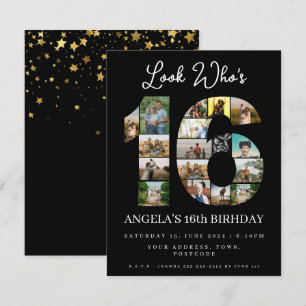 elegant black look who's 16 Photo Collage Invitation
