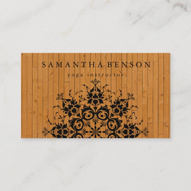Elegant Black Lotus Mandala Wood Yoga Instructor Business Card (Front)