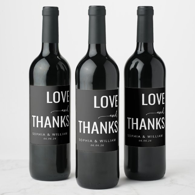 Elegant Black Love Thanks Wine Label (Bottles)