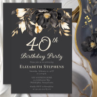 Elegant Black Magnolia Floral 40th Birthday Party