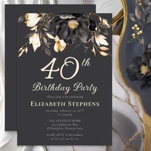 Elegant Black Magnolia Floral 40th Birthday Party  Invitation