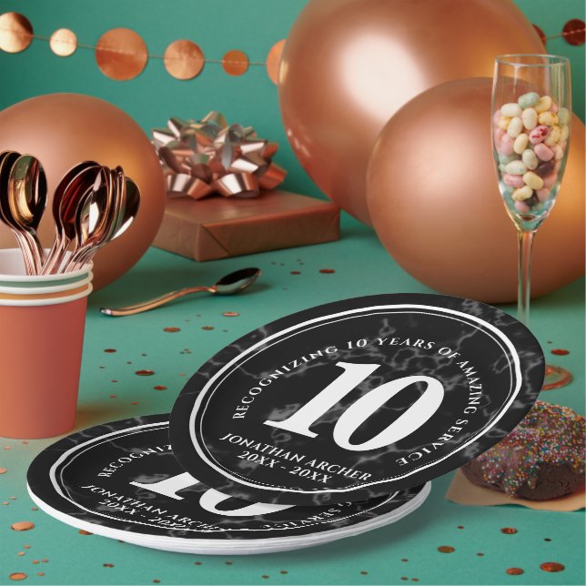 Elegant Black Marble 10 Years Work Anniversary Paper Plate (Multi)