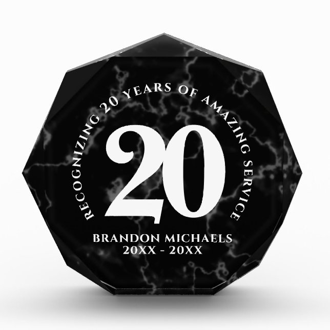 Elegant Black Marble 20 Years Work Anniversary Photo Block (Front)