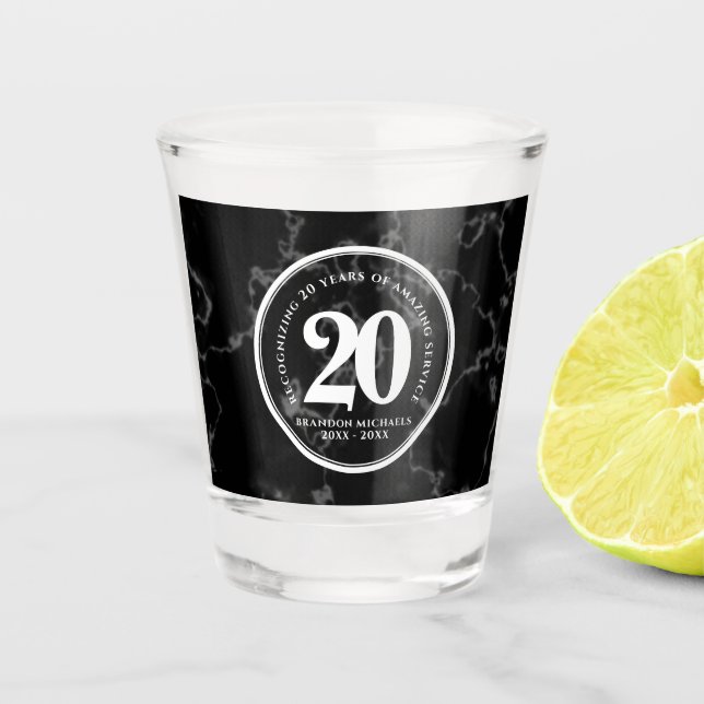 Elegant Black Marble 20 Years Work Anniversary Shot Glass (Front)