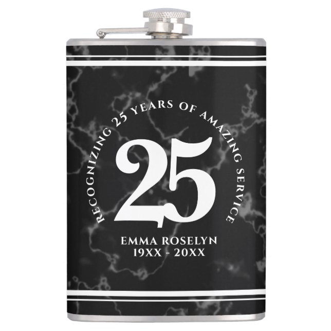 Elegant Black Marble 25 Years Work Anniversary Hip Flask (Front)