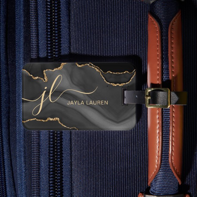 Elegant Black Marble Agate Monogram Custom Luggage Tag (Front Insitu 4)