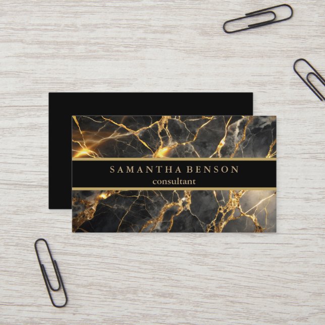 Elegant Black Marble and Metallic Gold Design Business Card (Front/Back In Situ)