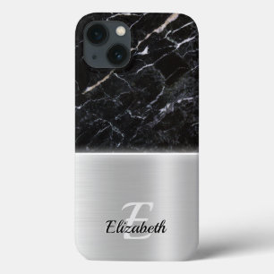 Elegant black marble art faux silver Metal Steel iPhone 13 Case