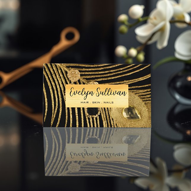 Elegant Black Marble Beauty Salon Gold Glitter Business Card (Black Marble Business Card)